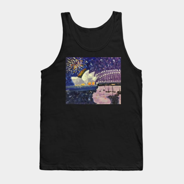 Sydney Harbour New Year Eve Fireworks 2, a painting by Geoff Hargraves Tank Top by gjhargraves